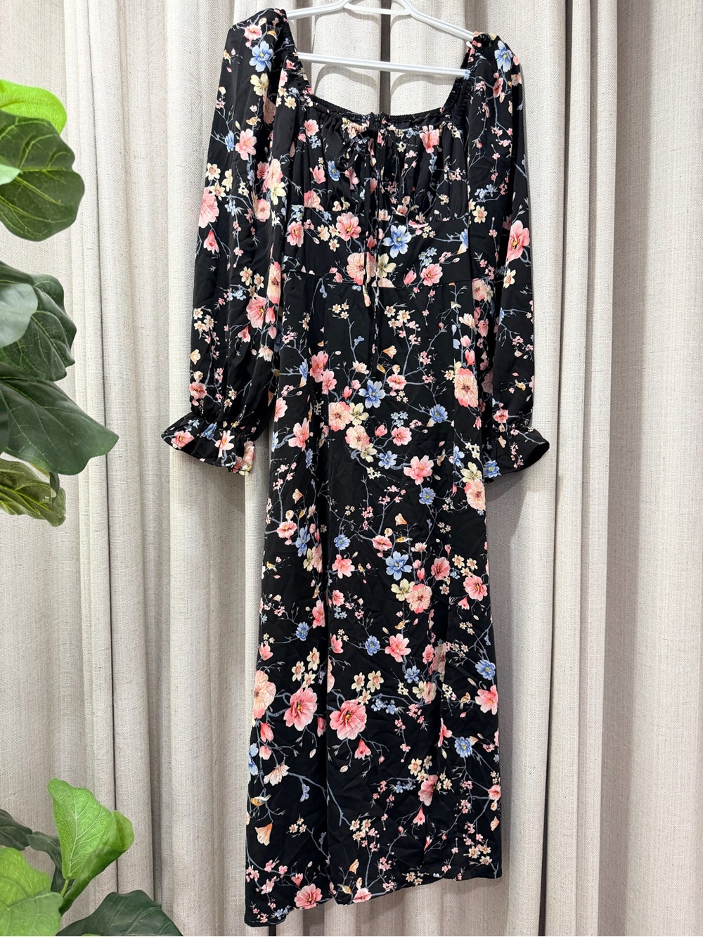 Black Floral Midi Dress with Puff Sleeves